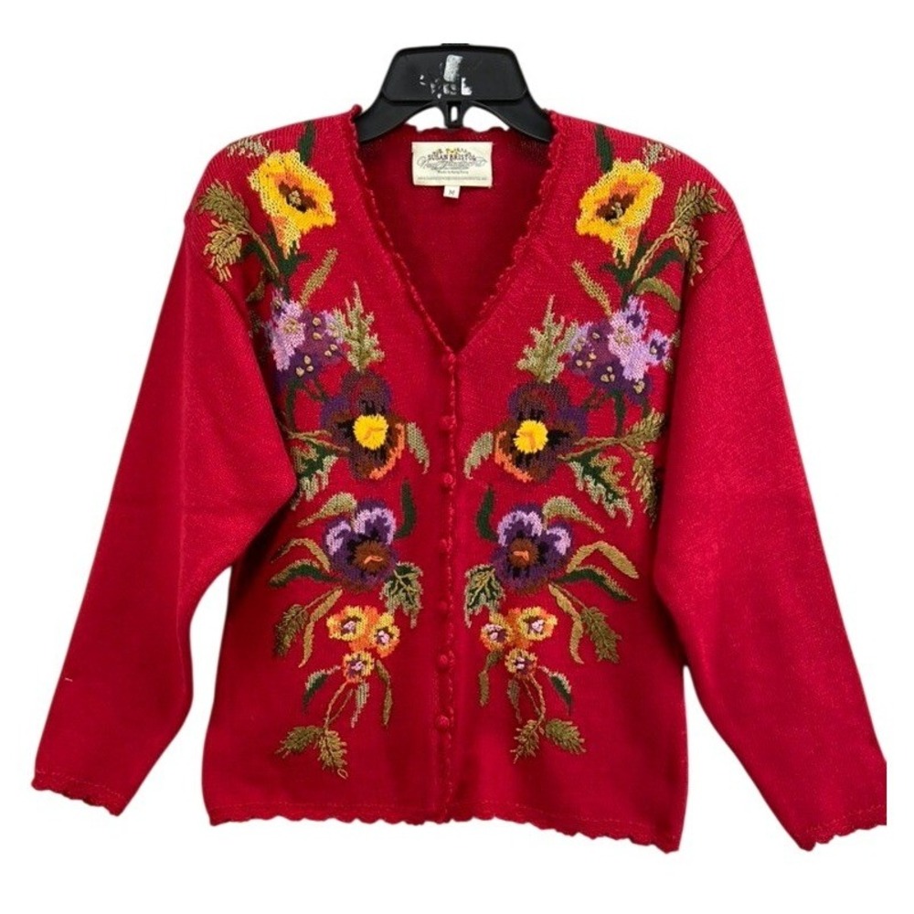 VTG Susan Bristol Cardigan 1995 Hand Embroidered‎ Red Granny Cottage Core